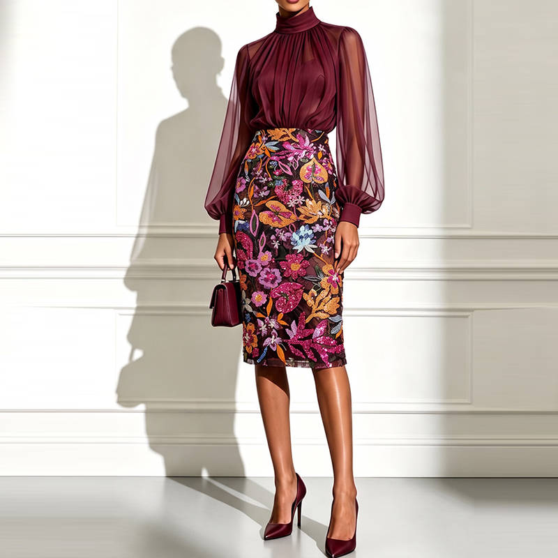 Setelan Blus Berkerah Tinggi T - Midi Skirt Floral ulasan dan harga