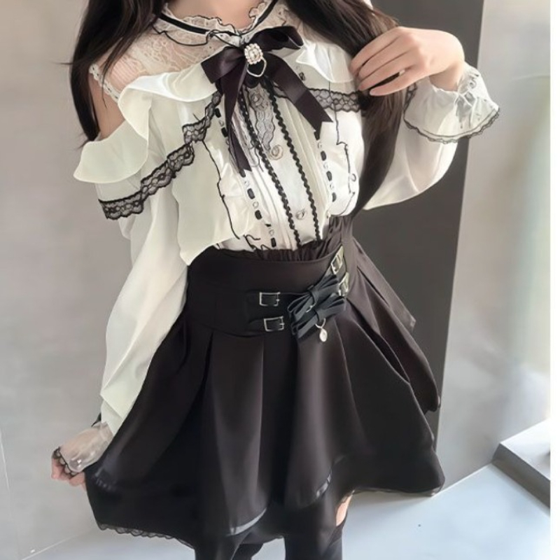 Set Gaya Lolita Y2k Gothic Jep - Blouse Off Shoulder ulasan dan harga